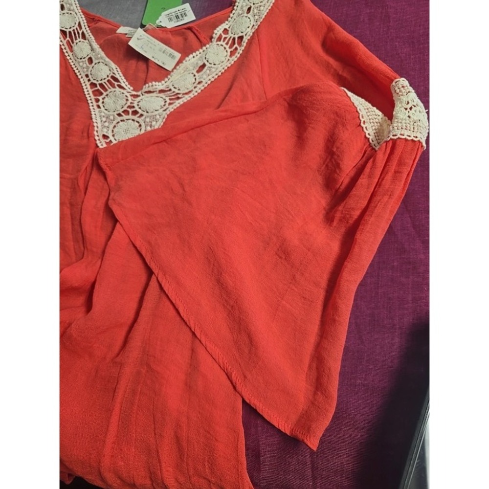 Umgee Size L Women's NWT Boho Bell Sleeve Dark Peach White Lagenlook V-Neck Top - Picture 3 of 10